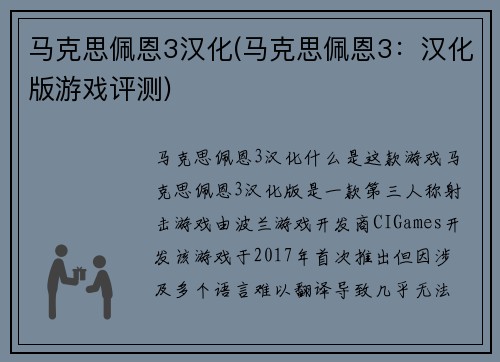 马克思佩恩3汉化(马克思佩恩3：汉化版游戏评测)
